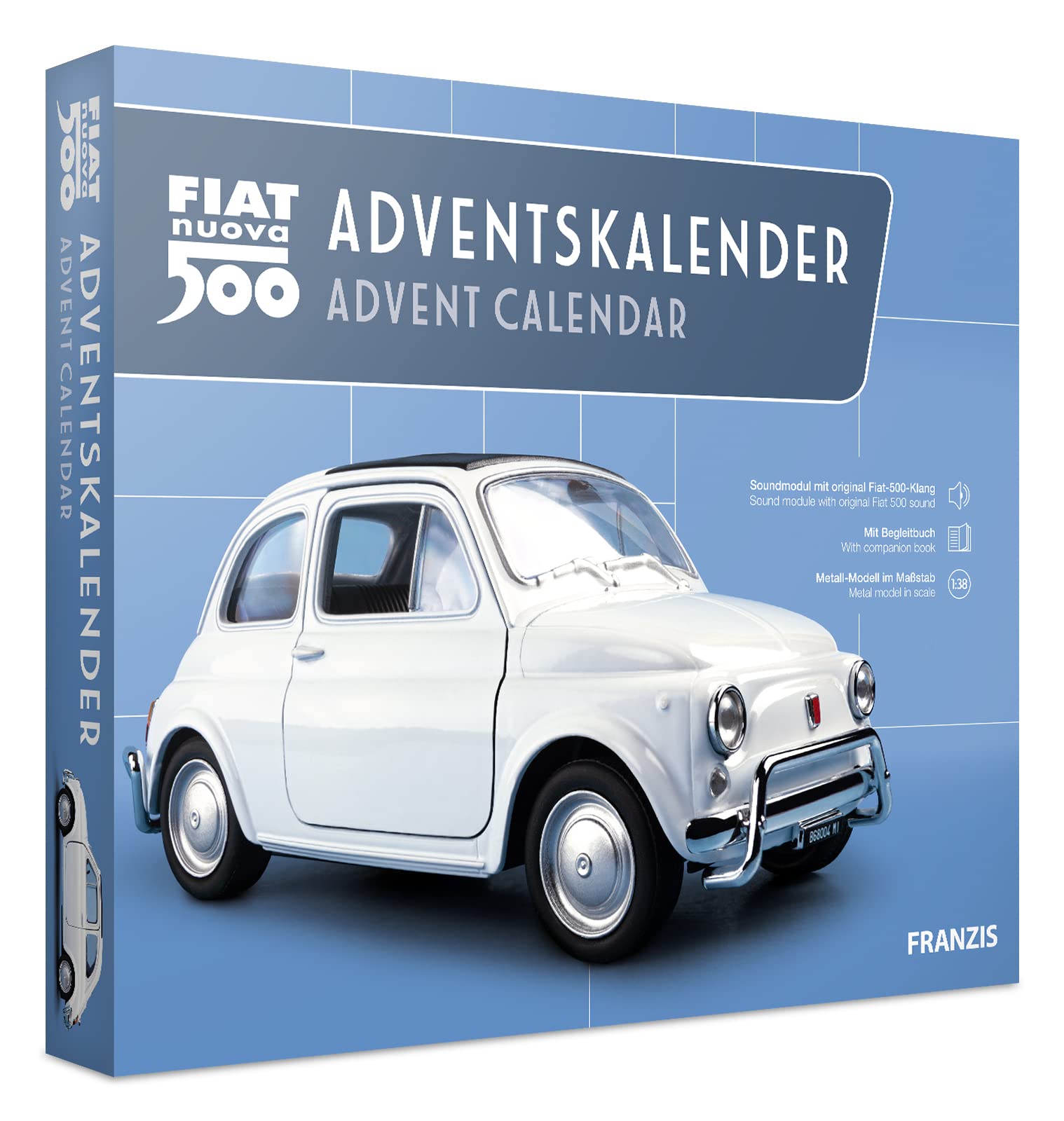 Franzis 67168 Fiat 500 Advent Calendar, Metal Model Kit in Scale 1:38, Includes Sound Module and 52-Page Accompaniment Book