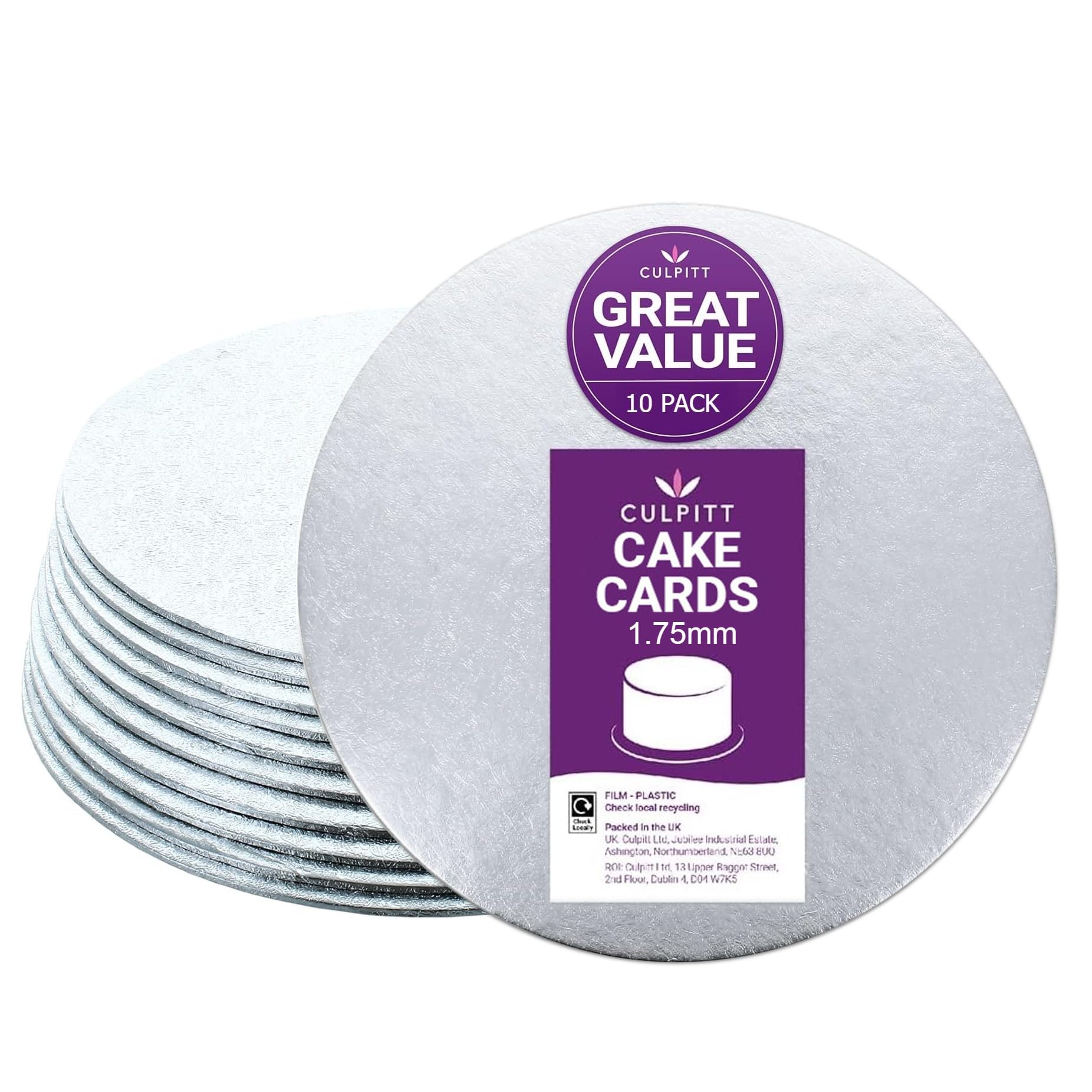 Culpitt 8" Round Turned Edge Cake Cards, Cake Boards, Silver Fern, 1.75mm Thick, Hand Finished, Made in the UK, Pack of 10-8'' (203mm)