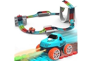 VEOOK Race Track Toy for Kids Boys with LED Light-Up Car, Flexible Changeable Battery Electric Race Car Track for 3 4 5 6 7 8+Year Old Boys Girls as Birthday Party Gifts (184pcs,1car)