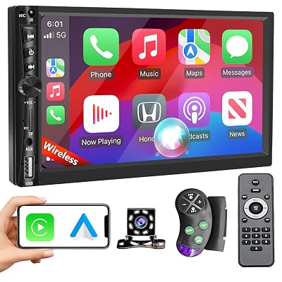 Upgrade Wireless 7" Double Din Car Stereo with Apple CarPlay Android Auto 178 * 102mm,Touchscreen Car Play Radio for Car,Screen for Bluetooth 5.0, Weatherproof Backup Camera,FM,AUX,Card Slot,USB,SWC