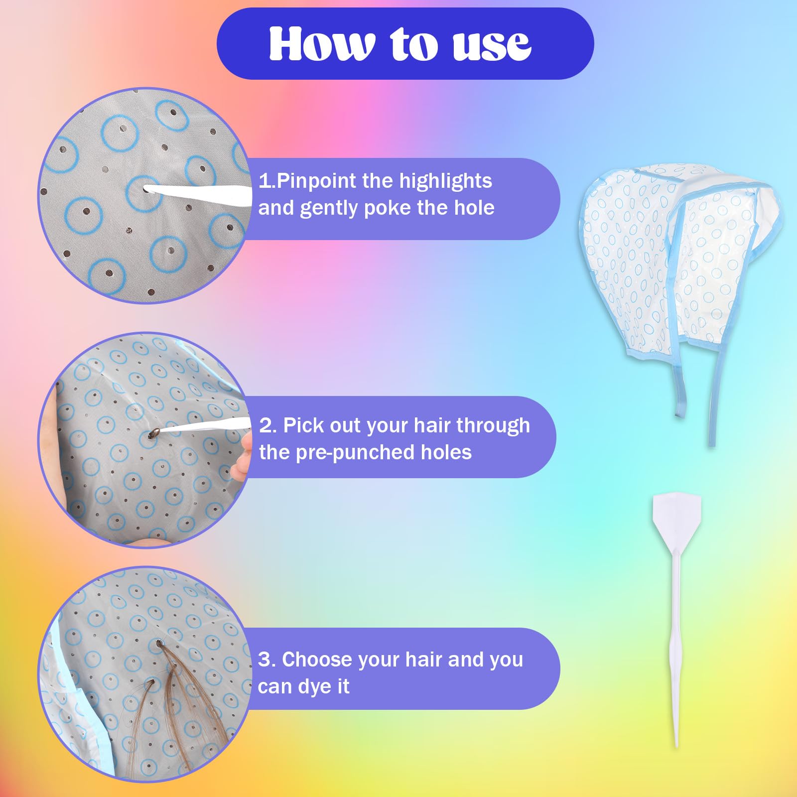 3 Pcs Hair Highlighting Caps, Bleach Cap Coloring Frosting Dye Kit, Highlighting Kit, Highlight Cap with Hooks Highlight Hair Coloring Frosting Dye Kit for Salon Hair Dyeing Hairdressing