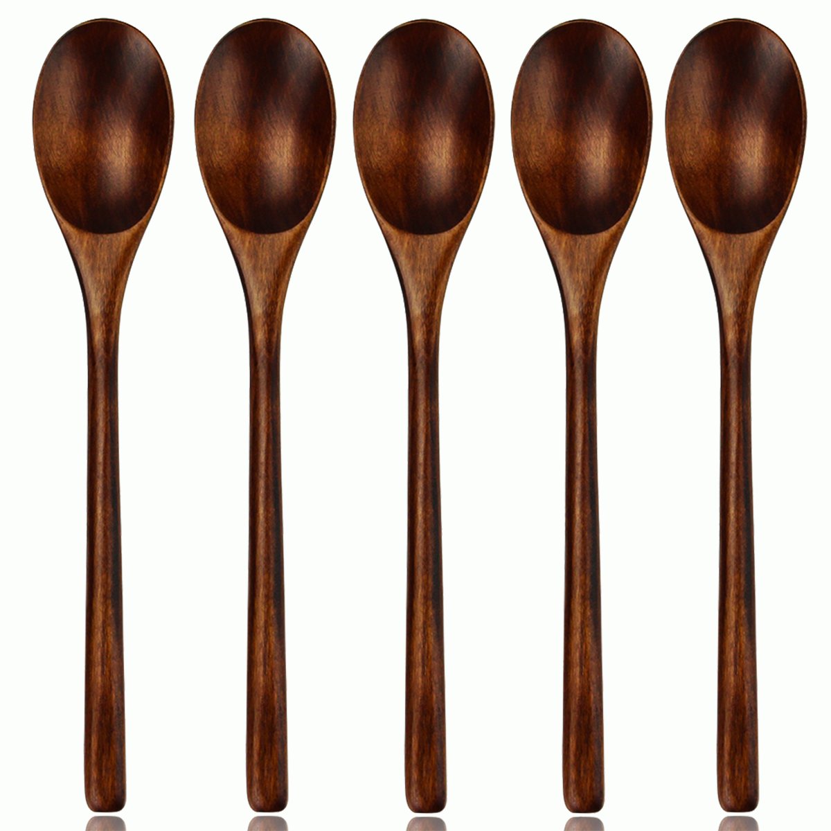 AOOSY Wooden Spoon, 5 Piece Janpanese Style Kitchen Utensil Long Handle Nanmu Wood Soup Spoons Set for Eating Mixing Stirring Cooking with Box