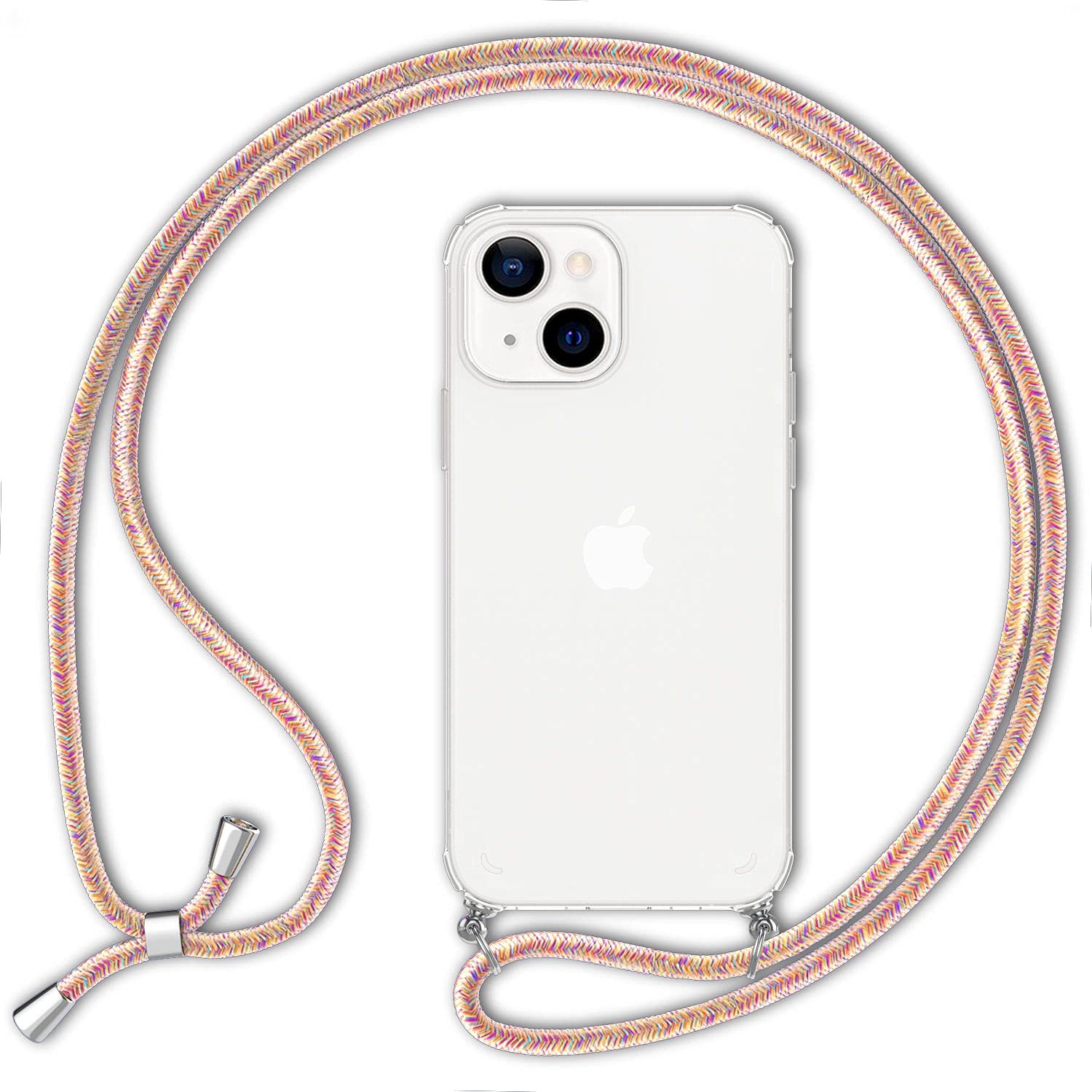 NALIA Necklace Case for iPhone 13 - Transparent Hybrid Cover & Strap - HANGIT (Anti-Yellow Back & Adjustable) - German Brand, Color:Rainbow