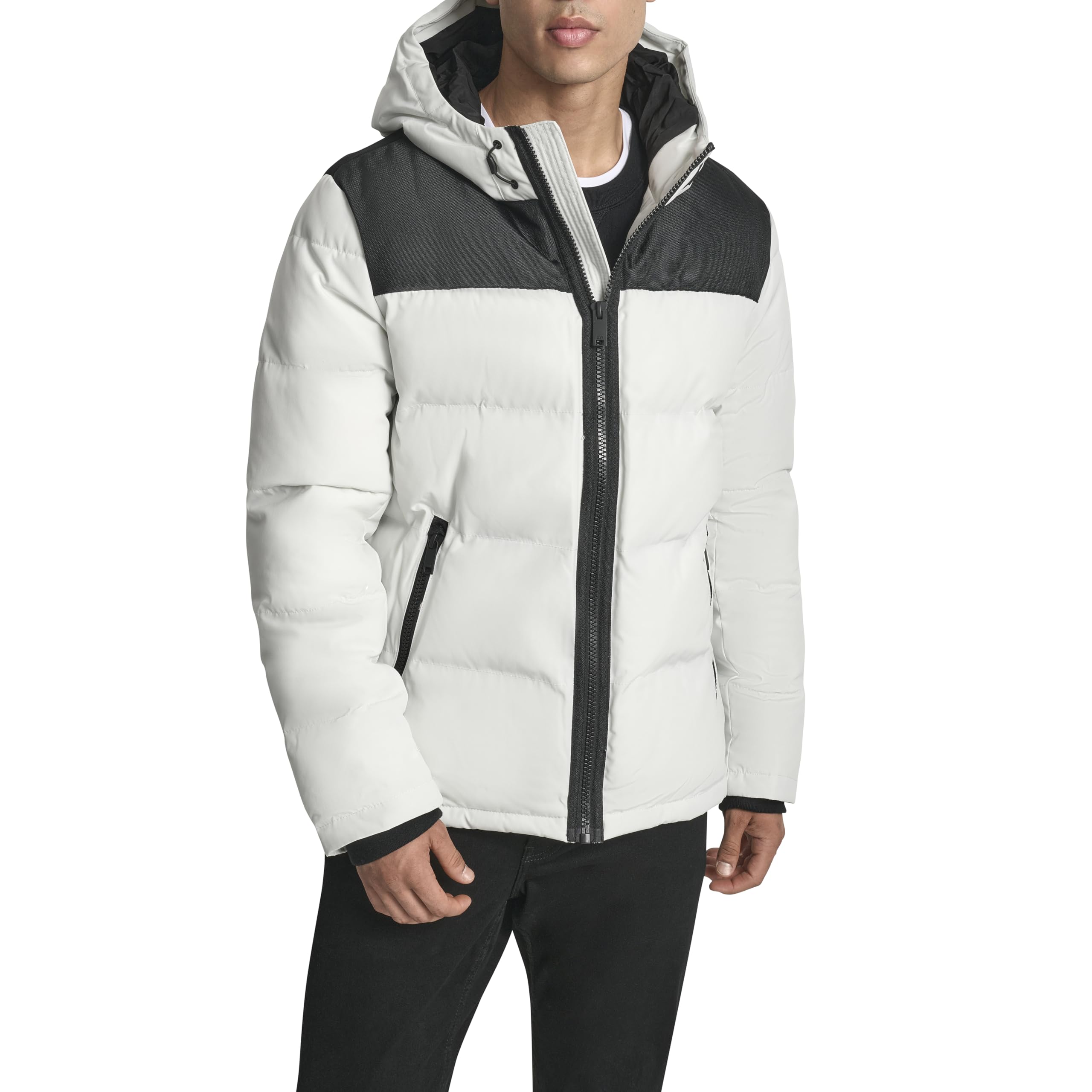 DKNY Men’s Shawn Quilted Mixed Media Hooded Puffer Jacket, Ice, X-Small