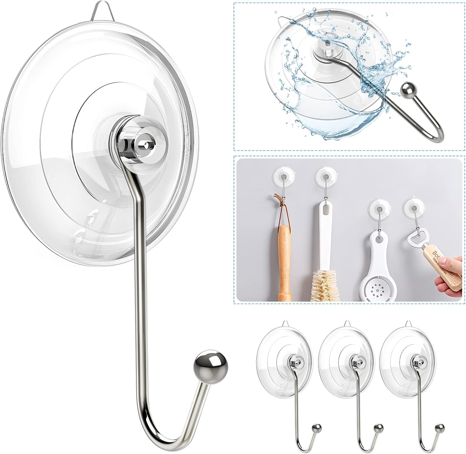 Wreath Hangers - HangerSpace Wreath Hanger, Upgrade Large Suction Hooks 2.5 Inches Clear Suction Cups with Metal Hooks 7 LB Heavy Duty Removable Suction Cups Wreath Hooks for Kitchen Bathroom Shower Window - 4 Packs