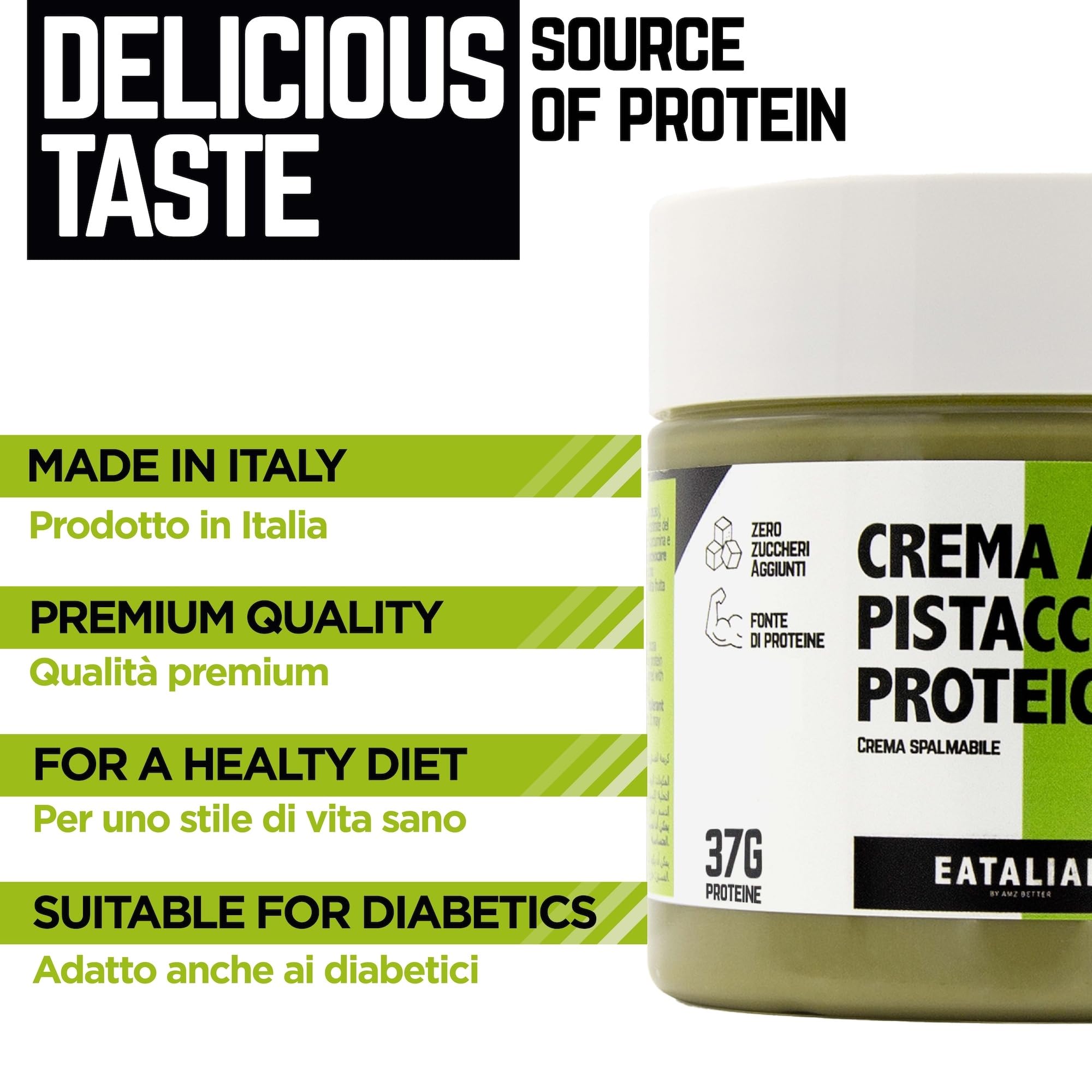 EATALIAN by AMZ BETTER Protein-Pistaziencreme, Köstliche streichfähige Creme mit Süßem und Einzigartigem Geschmack, mit 37 g Protein, Ideal auf Brot, für Dubai Chocolate, 200 gr Made in Italy 2