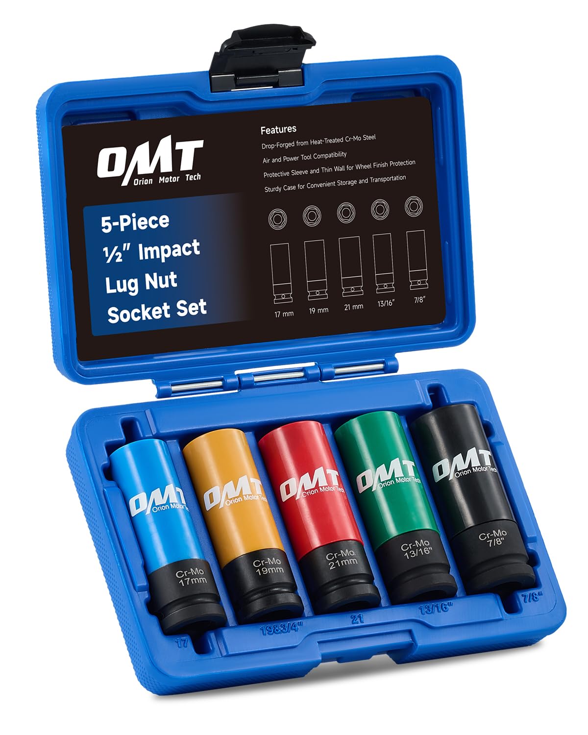 Photo 1 of Orion Motor Tech 1/2" Drive Lug Nut Socket Set, Metric 17 19 21 mm & SAE 13/16 7/8 in. Wheel Socket Set, 5pc Impact Lug Nut Socket Set, Thin Wall Lug Nut Sockets with Colored Protective Covers