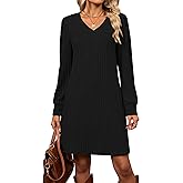 Halife Womens Knit Long Sleeve Fall Dresses Casual V Neck Tunic Sweater Dresses with Pockets