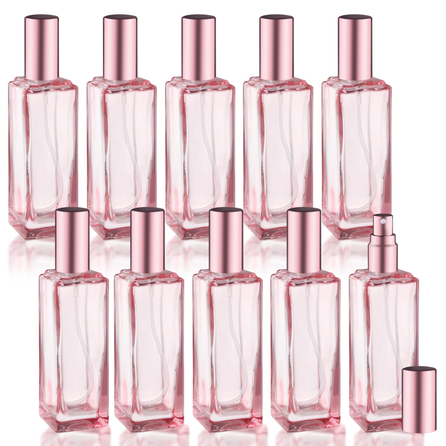 Photo 1 of 10 Pcs 30ml/1oz Glass Perfume Bottles Square Pink Glass Perfume Jars Empty Travel Size Spray Bottles Refillable Container with Rose Gold Lids for Essential Oil Liquid Cosmetic Cleaning
