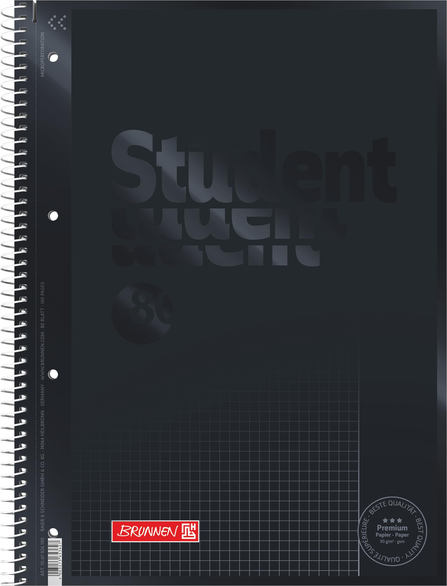 BRUNNEN College Notepad Premium Student Colour Code | A4, Line Style 26, 80 Sheets, Onyx