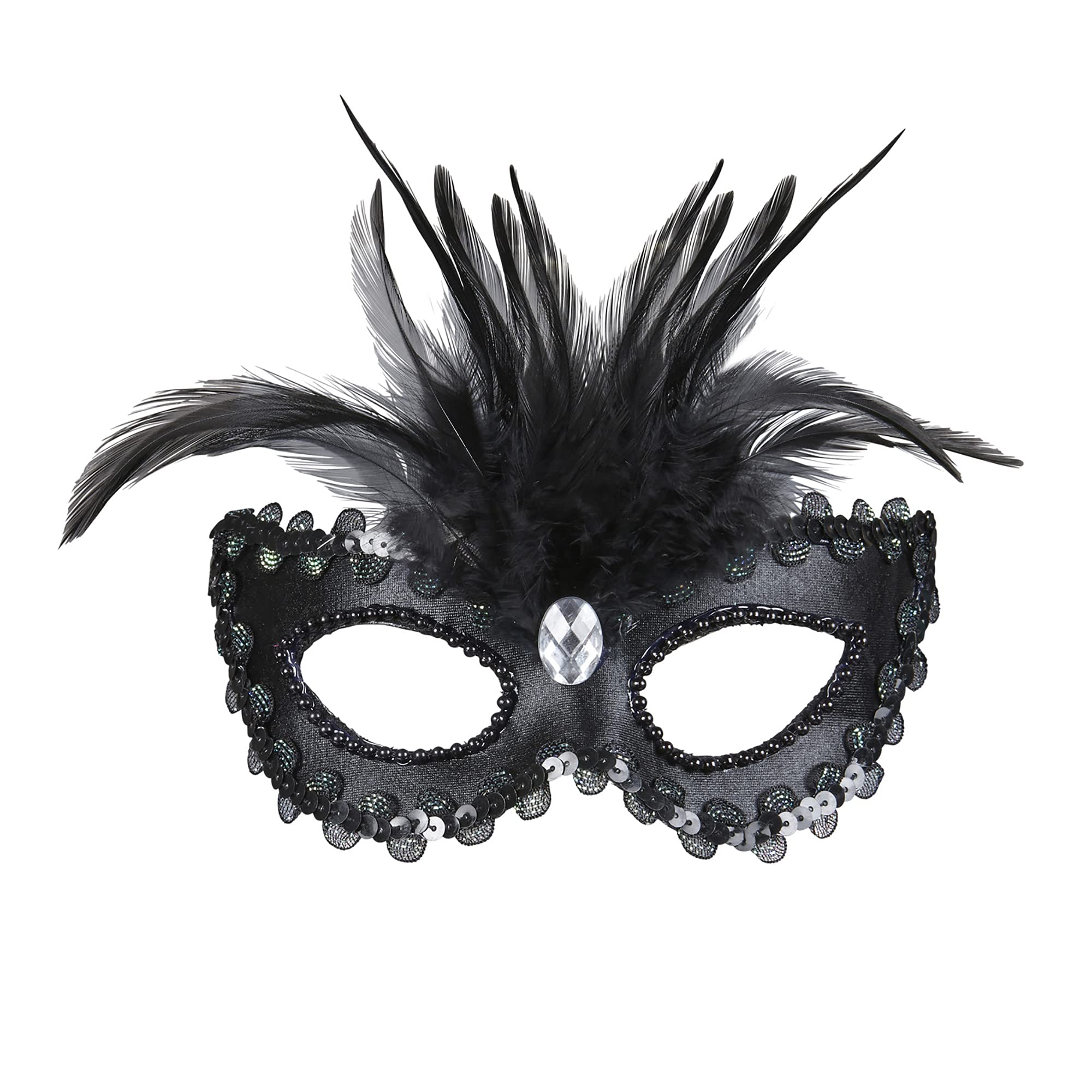 Widmann 04692 - Baroness Mask with Gem, Adult Woman, with Beads, Sequins and Feathers, Venetian Carnival, Halloween, Black Color