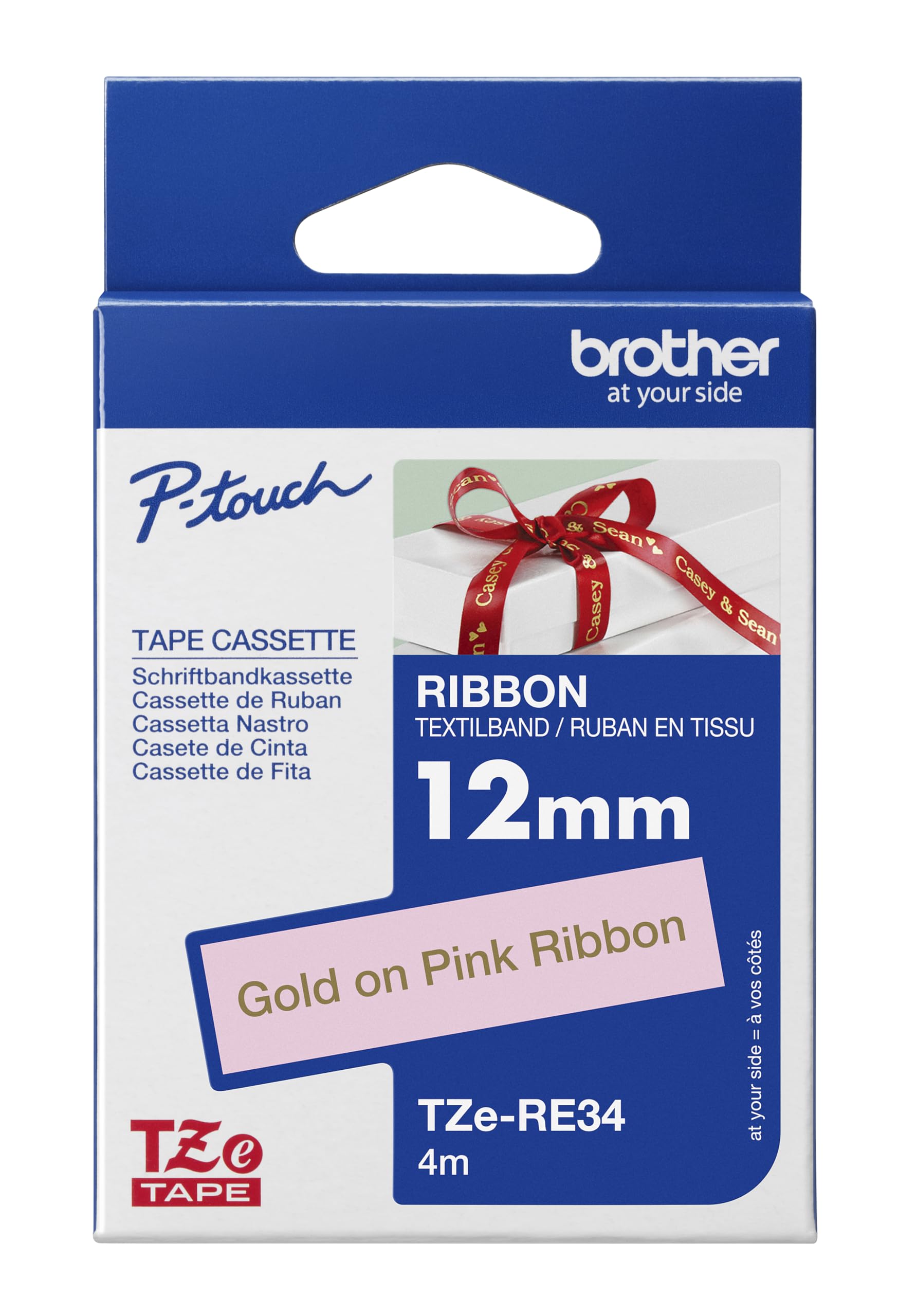 Brother TZe-RE34 Labelling Tape Cassette, Gold on Pink, 12 mm (W) x 4M (L), Ribbon Tape, Brother Genuine Supplies