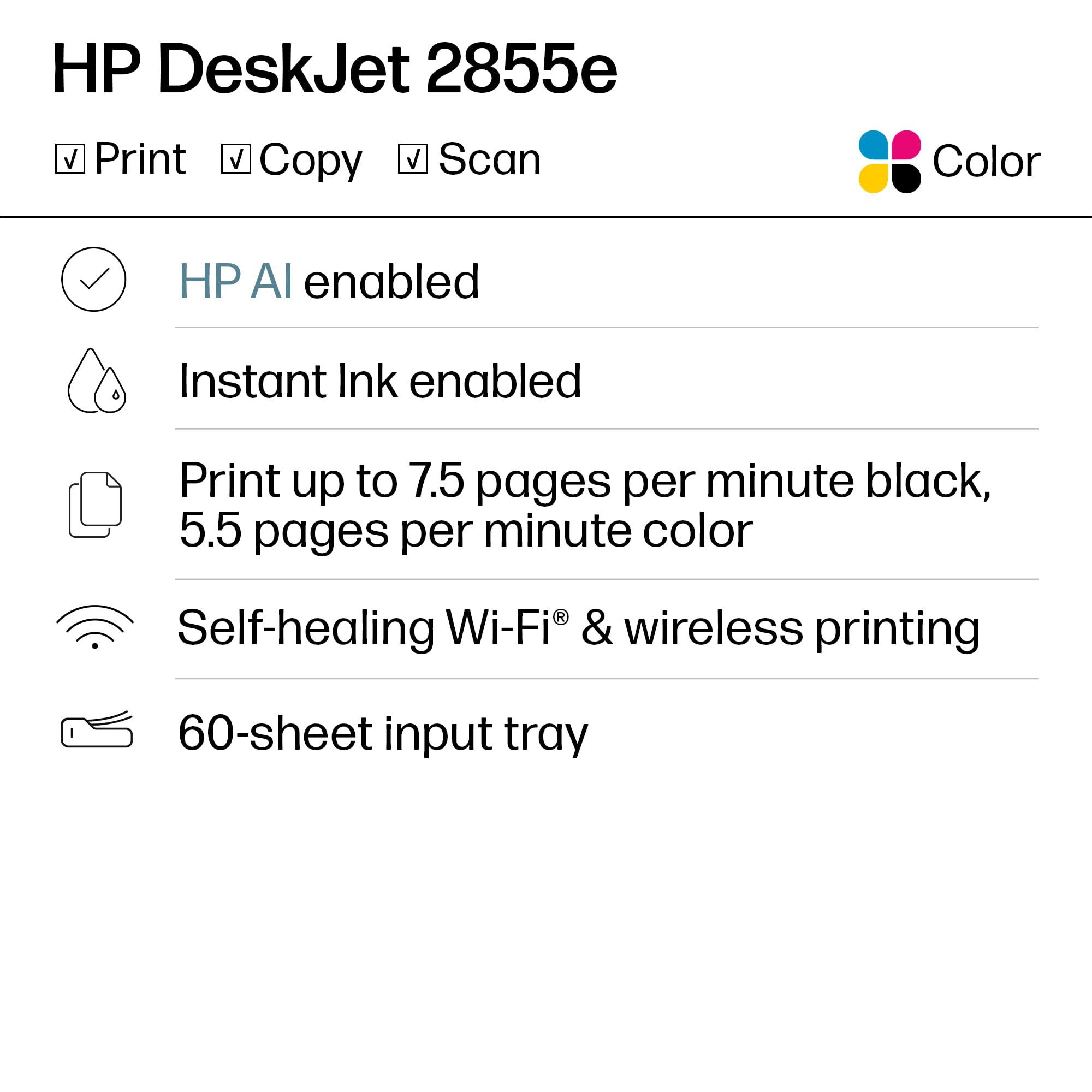 HP DeskJet 2855e Wireless All-in-One Color Inkjet Printer, Scanner, Copier, Best-for-home, 3 month Instant Ink trial included, AI-enabled (588S5A)