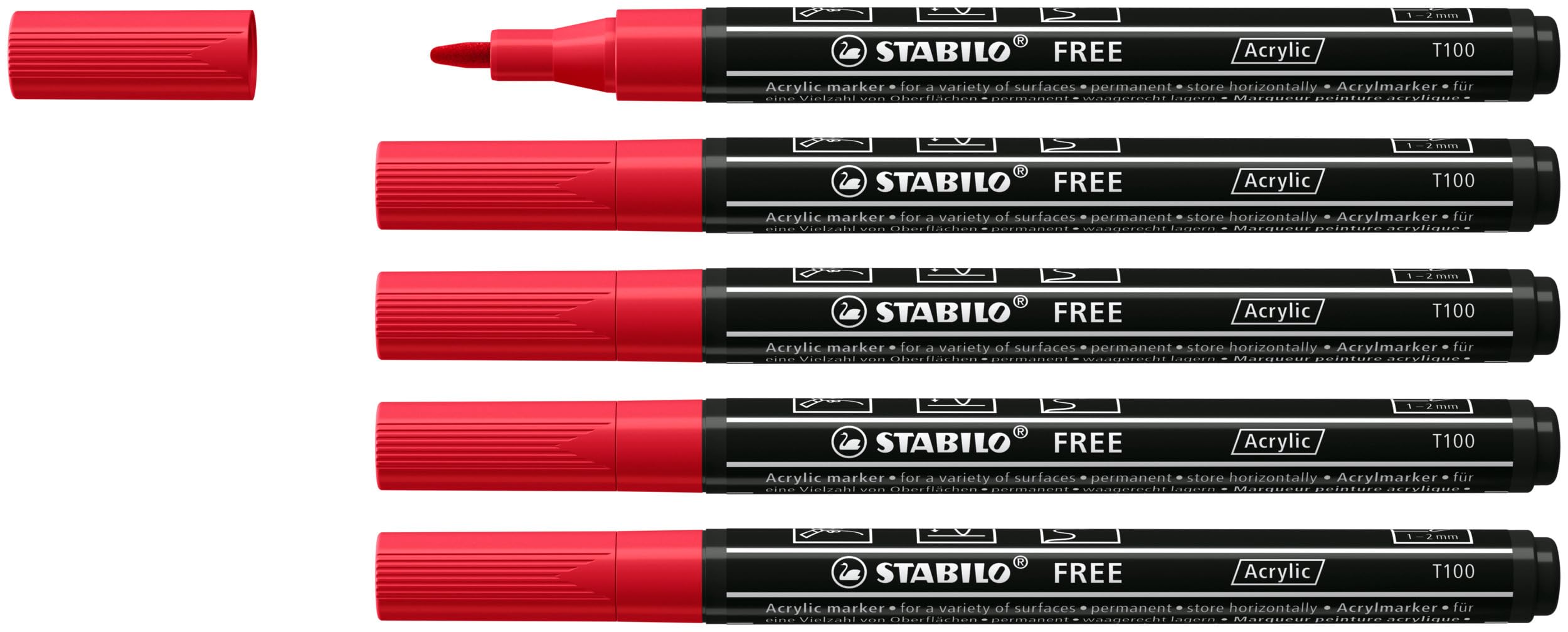 STABILO FREE - Acrylic Marker - ARTY - T100 Round Tip 1-2mm - Pack of 5 - Carmine