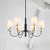 Aol furin 6-Light Black Modern Chandelier with White Fabric Shade, 30" Farmhouse Pendant Ceiling Light Fixture for Dining Roo