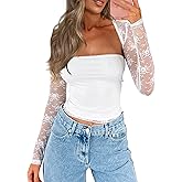 CSDAJIO Women's Going Out Tops Lace Long Sleeve Square Neck Crop Top Shirt Strapless Tube Top and Bolero Set