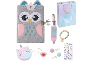 Owl Plush Diary with Lock for Girls, Owlet Fuzzy Journal with Lock and Key Kids Secret Diary Set Cute Notebook for Writing Dr