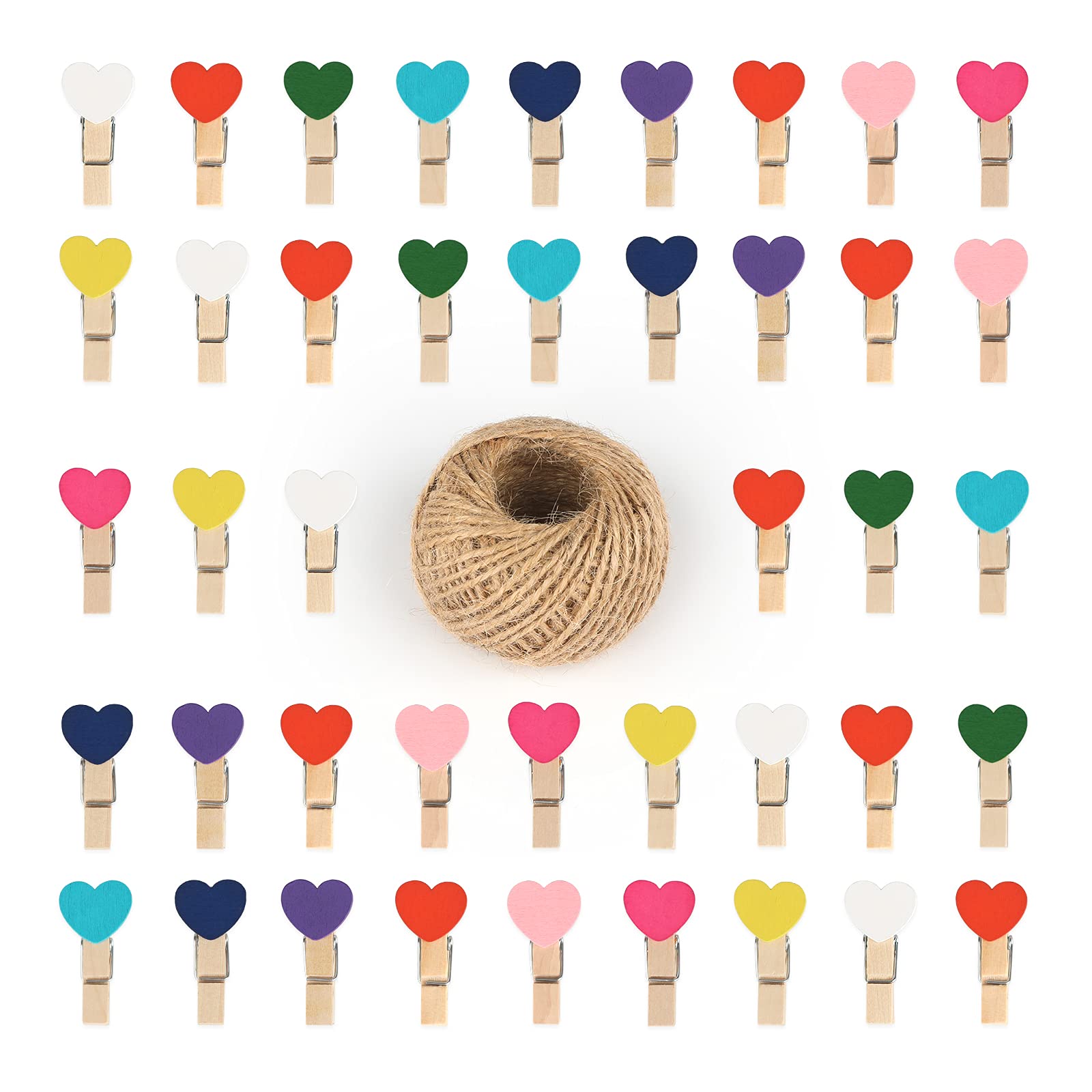 100 Pcs Mini Wooden Heart Pegs - 3.5cm & 30m Jute String for Arts & Crafts, Weddings & Events