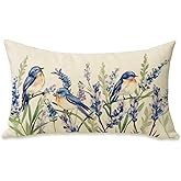 Fahrendom Spring Summer Bluebirds Lumbar Decorative Rectangle Pillow Cover 12 x 20, Watercolor Lavender Flower Porch Patio Outdoor Pillowcase, Floral Seasonal Sofa Couch Cushion Case Home Decor