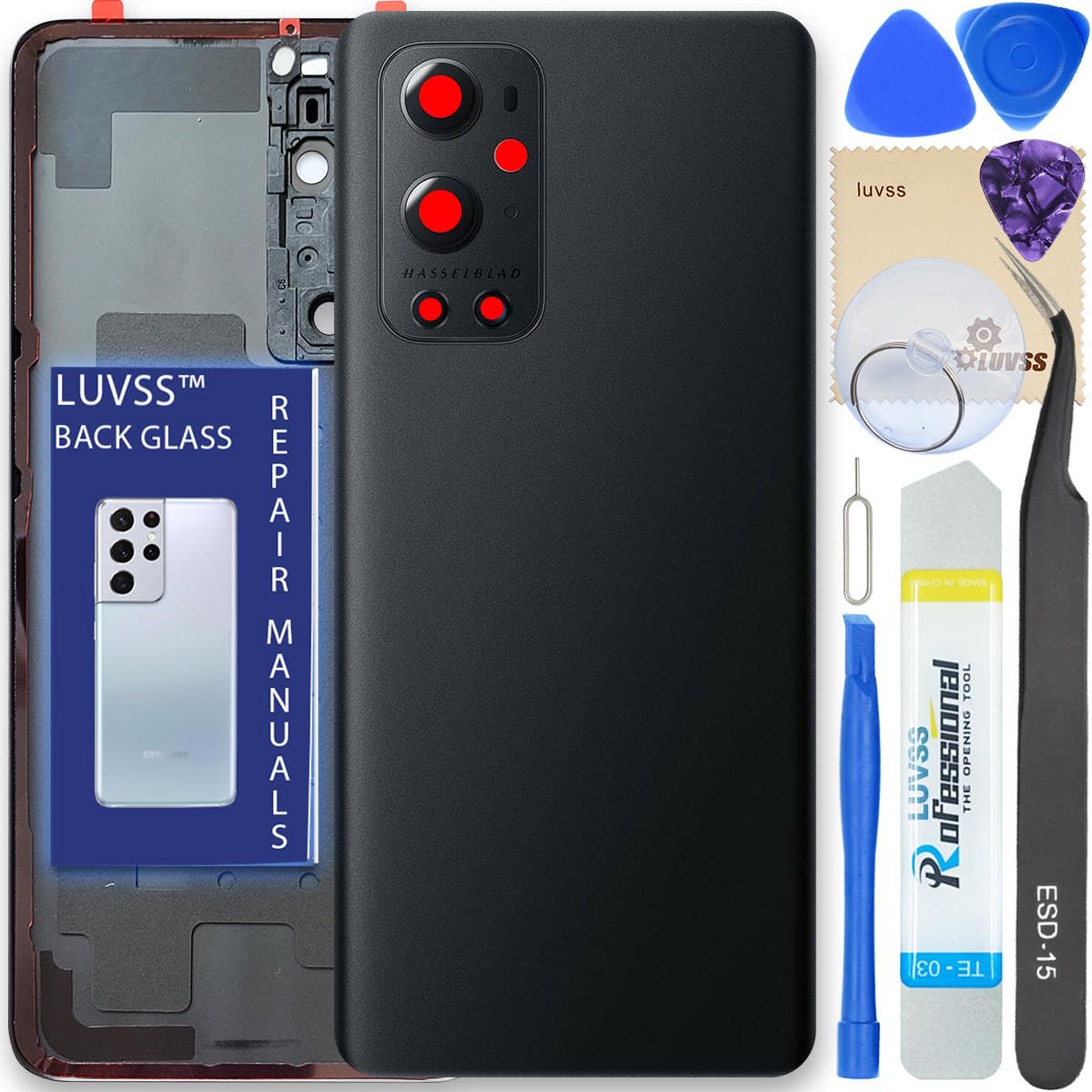 LUVSS Back Glass Cover Replacement Compitable for OnePlus 9 Pro Rear Cover + Camera Lens + Repair Manual DIY Tools Kit (Black)