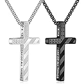 M MOOHAM 2 Pcs Silver Black Cross Necklace for Men Boys - Stainless Steel Bible Verse Cross Chain Pendant Necklaces for Men American Flag Religious Christian First Communion Jewelry Gift 18-24 Inches