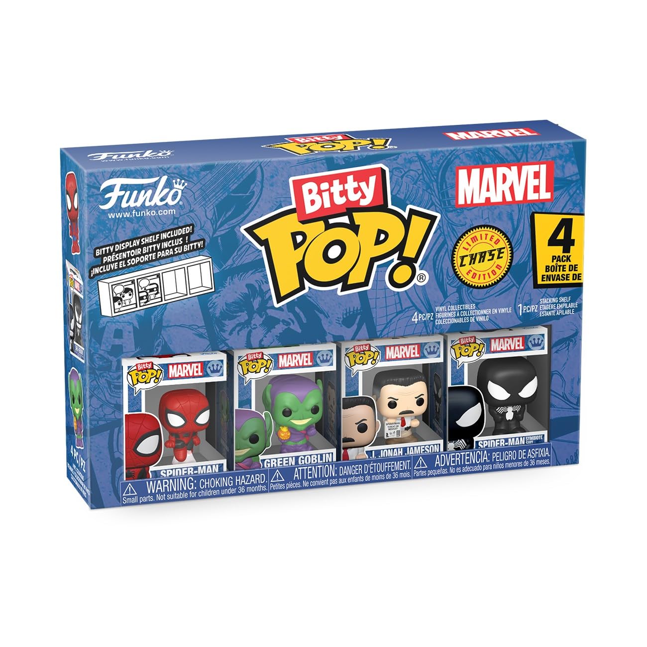 Funko Pop! Bitty: Spider-Man - Spider-Man, Green Goblin, J Jonah Jameson, and Mystery Chase Figure - 0.9 Inch (2.2 Cm) - Marvel Comics Collectable - Stackable Display Shelf Included - Gift Idea