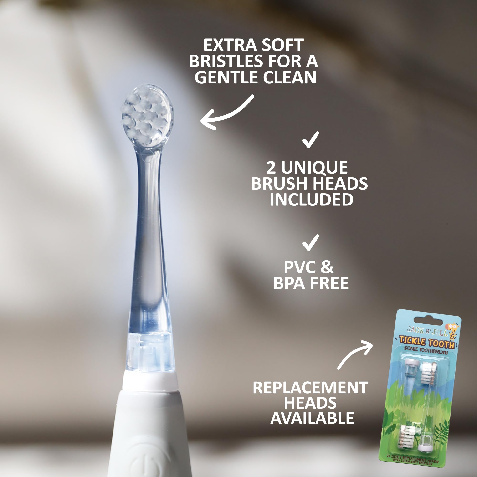 Jack N' Jill Tickle Tooth Toddler Electric Toothbrush with Replacement Head - Gentle Cleaning, Made for Tiny Teeth, LED Inspection Light, for Babies & Kids, Extra Soft Bristles - (1 Pack)