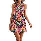 Floerns Women's Sleeveless Floral Print Sundress Halter Neck A Line Short Dress