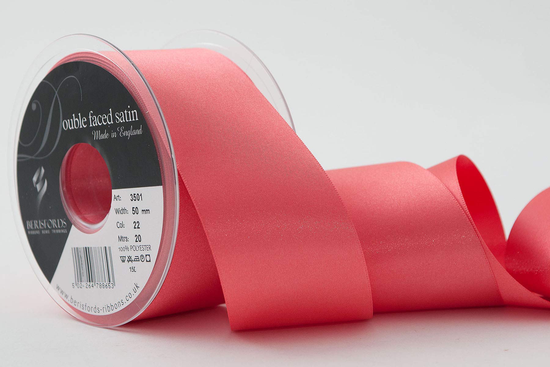 Berisfords 7mm Polyester Yarn Satin Ribbon, Coral — image 1