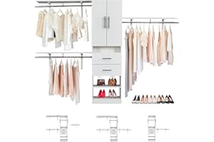 Sophshelter 8ft Closet Organizer System, Armoire Wardrobe Closet System with 3 Shelf Towers, 2 Door White Tall Cabinet Closet with 2 Drawers and Built-in Garment Rack White 96" L x 15.7" W x 70.8" H