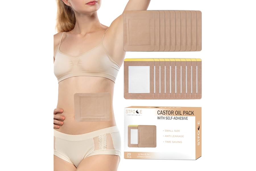 STFOCE 20pcs Castor Oil Pack Wrap, Portable Self-Adhesive, Disposable Castor Oil Pack Organic Cotton for Stomach, Liver, Belly & Entire Body, No Leaks, No Irritation, Stick Overnight (Kahaki)