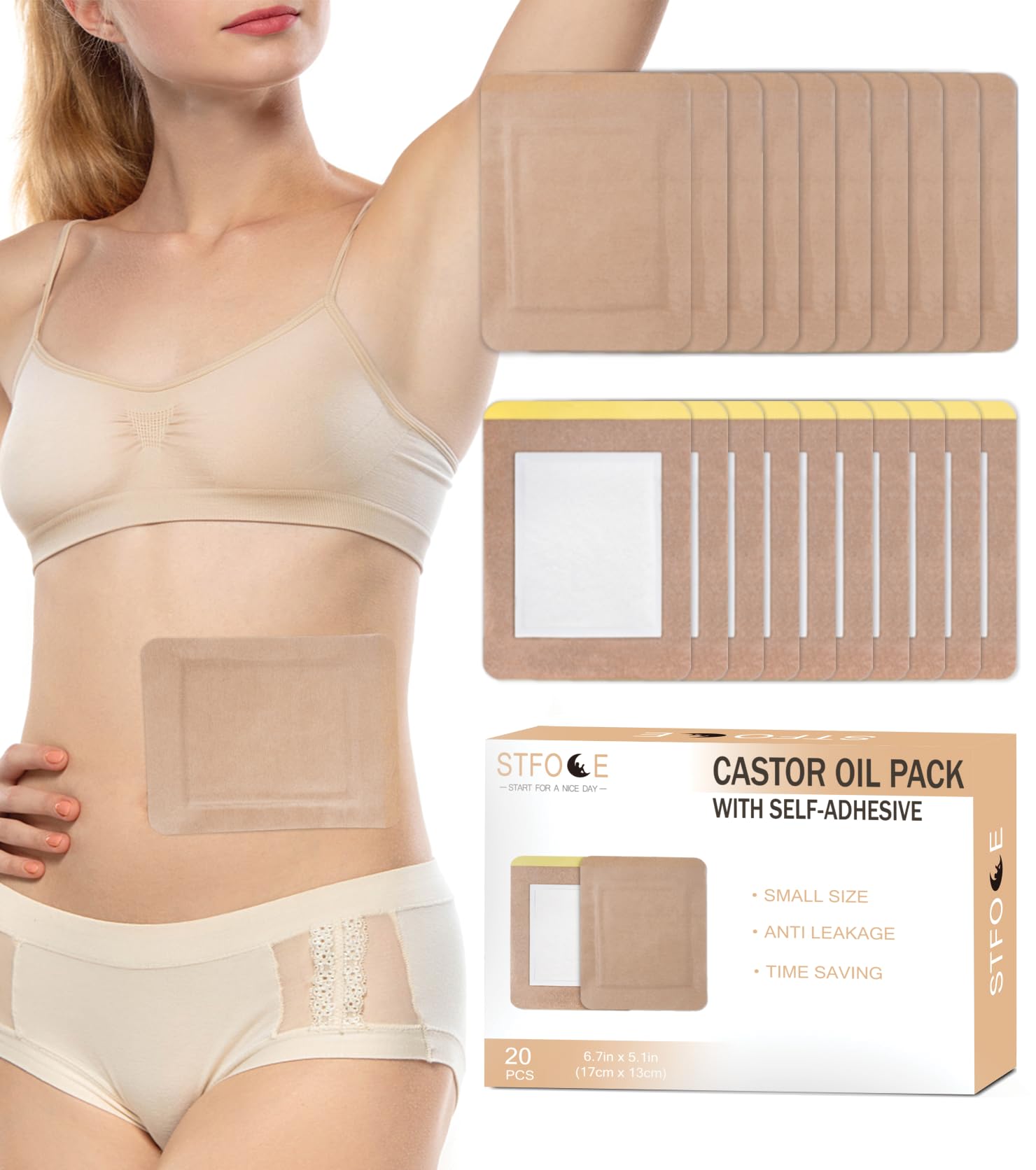 Photo 1 of ***MISSING PIECES*** ***READ CLERK NOTES*** STFOCE 20pcs Castor Oil Pack Wrap, Portable Self-Adhesive, Disposable Castor Oil Pack Organic Cotton for Stomach, Liver, Belly & Entire Body, No Leaks, No Irritation, Stick Overnight (Kahaki)