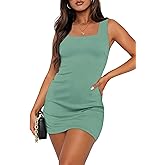 WIHOLL Womens Summer Mini Dress Graduation Party Club Cocktail Outfits Sleeveless Square Neck Bodycon Dresses