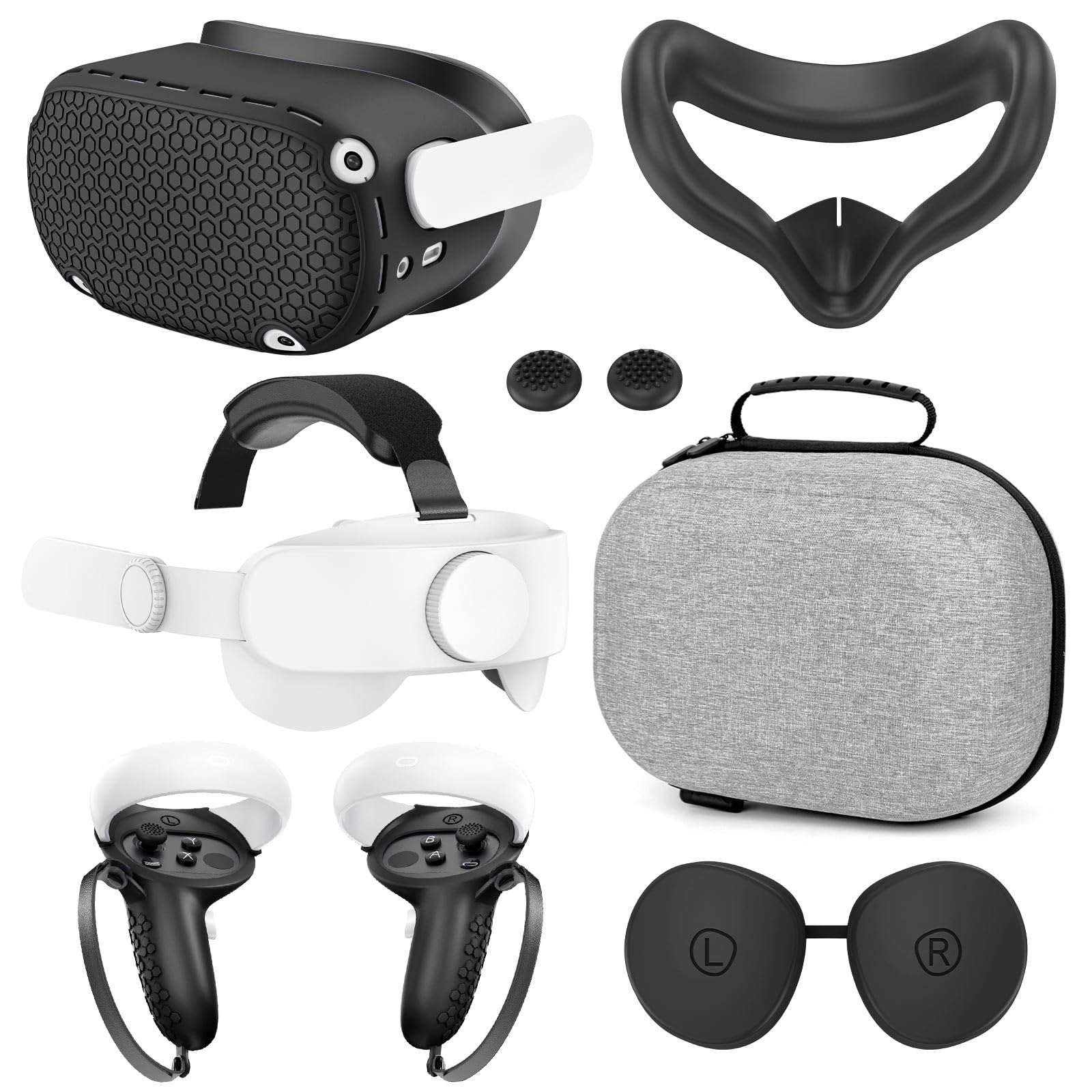 Hard Carrying Case Compatible with Oculus Quest 2: Quest 2 Head Strap - Face Cover for Meta Quest 2 - Controller Grips Cover - Protective Joystick Cover - Lens Cover Protector - Shell Cover