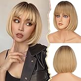 BARSDAR Short Bob Wig with Bangs - Short Blonde Ombre Bob Wigs with Bangs for Women - 12 Inch Chin-Length Blonde Wig with Dark Roots Natural Looking Soft Synthetic Hair Replacement Daily Halloween