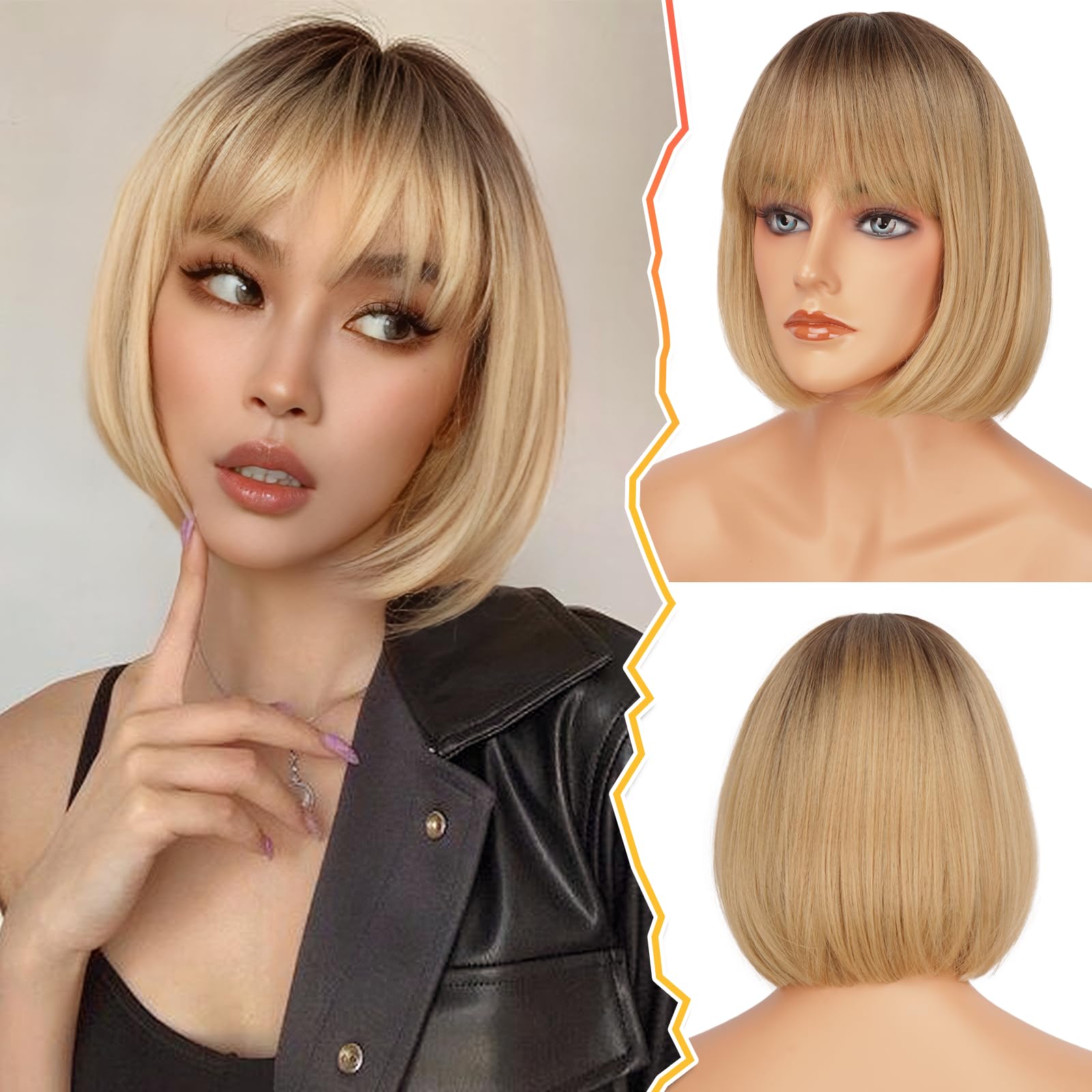 BARSDAR Short Blonde Bob Wig With Bangs, 12'' Ombre Blonde With Brown Roots - Heat Resistant Synthetic Natural Looking for Daily Halloween