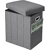 Emosoon Tall Ottoman with Storage Collapsible Fabric Small Slim Folding Ottoman Furniture with Handles Lid for Room Footrest Foot Stool Linen Grey 16.5x16.5x11.8in