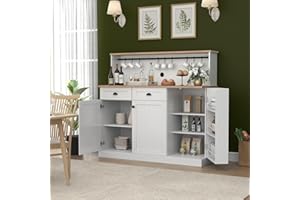 Gyfimoie Sideboard Buffet Cabinet with 2 Drawers, Farmhouse Kitchen Pantry Cabinet with Adjustable Shelves, Coffee Bar Cupboard Cabinet with 3 Doors for Kitchen, Dining Room (White)
