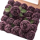 Floroom Artificial Flowers 25pcs Real Looking Plum Foam Fake Roses with Stems for DIY Wedding Bouquets Bridal Shower Centerpieces Floral Arrangements Party Home Decorations