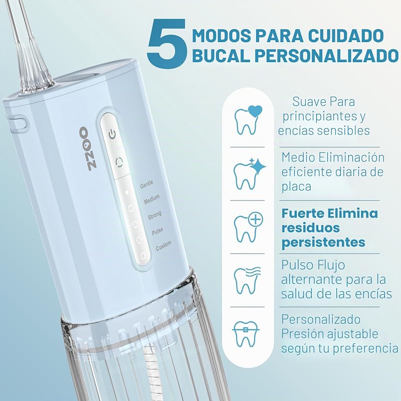 Irrigador oral de viagem, irrigador oral sem fios de bolso, 5 modos de pressão, 6 pontas de jato, design compacto USB recarregável (Gradient Blue) — foto 2 de 8