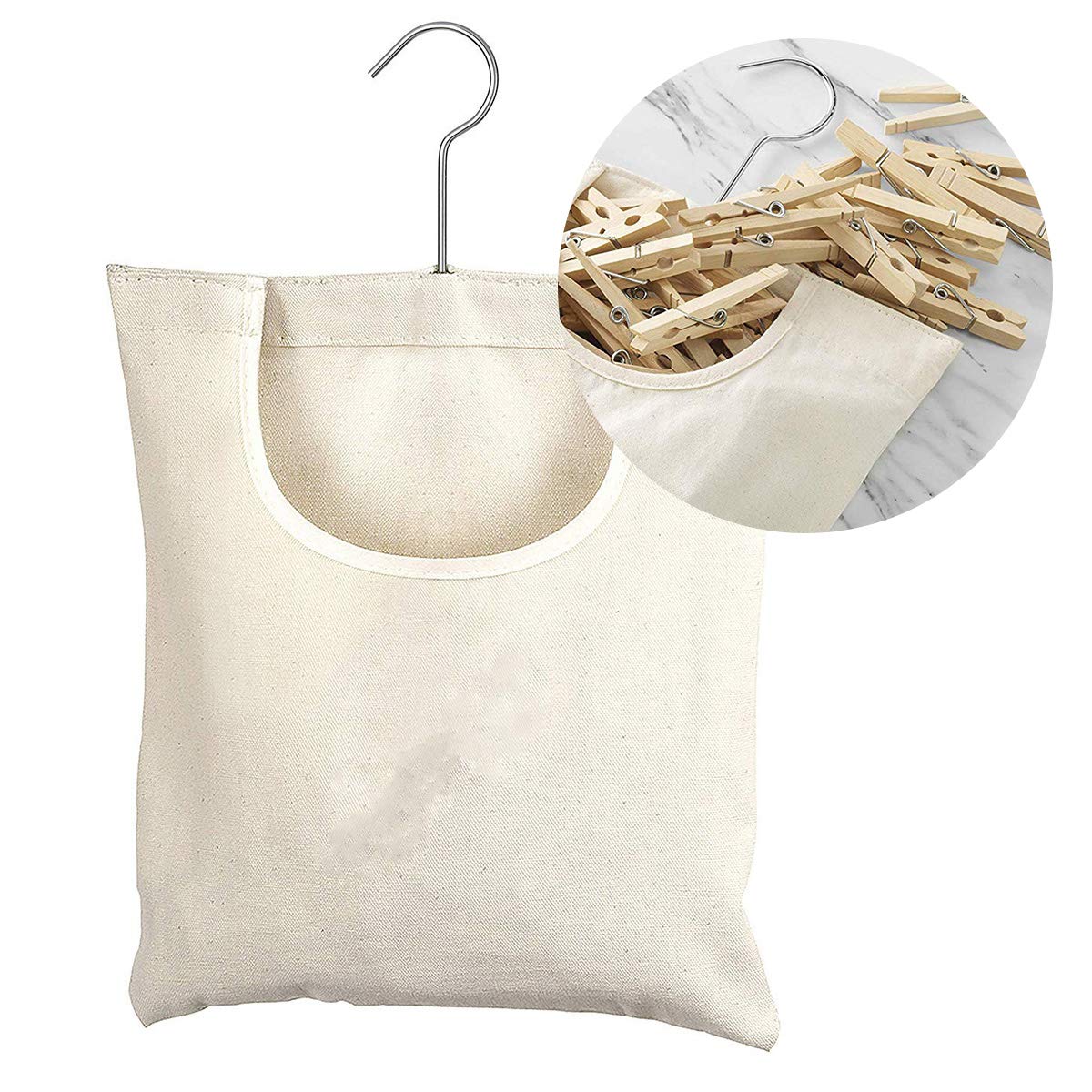 Haokaini Clothespin Storage Bag - White and Black Fabric - Holds 200 Clothespins - Durable Oxford Cloth - 360° Rotatable Hook