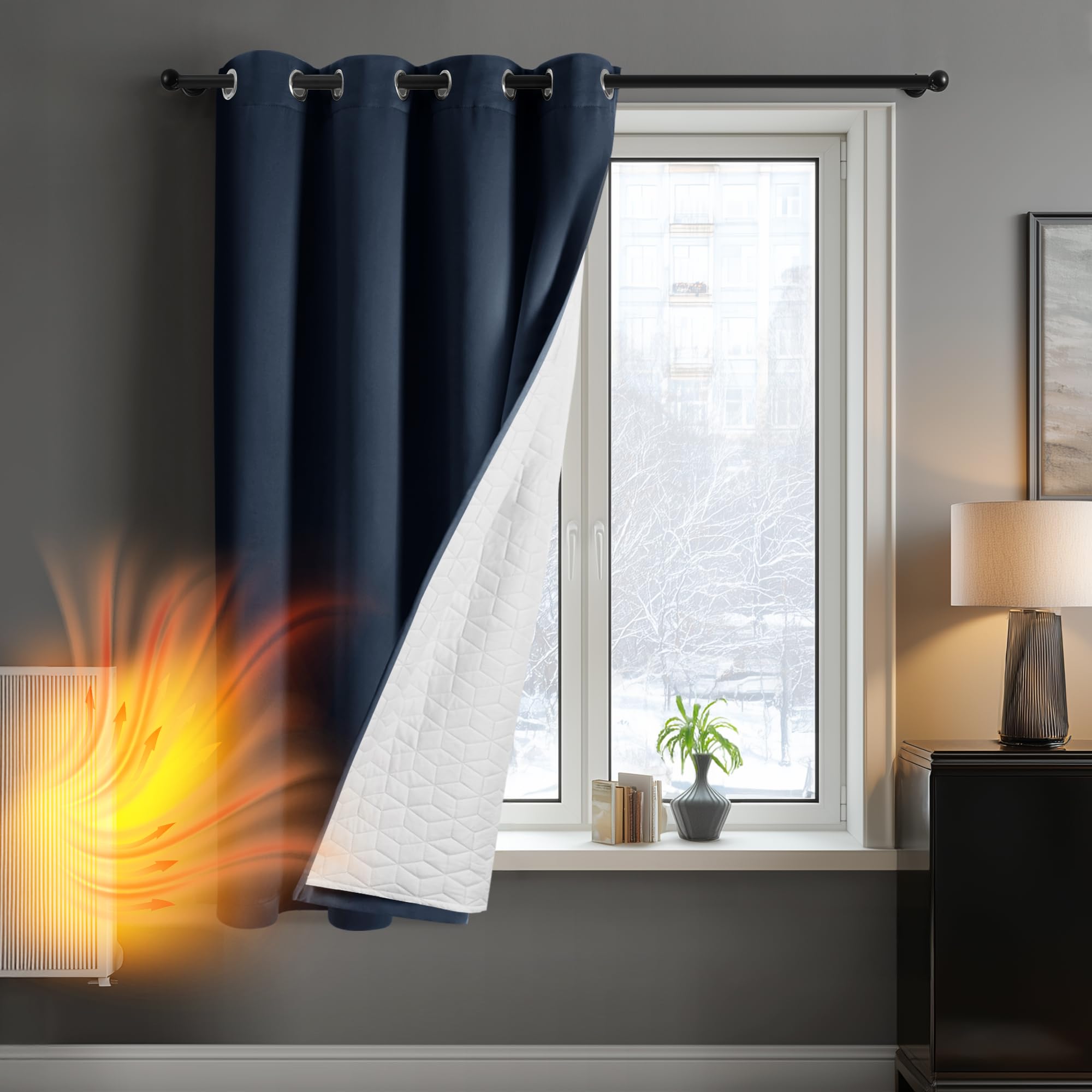 Deconovo Blackout Curtain Eyelet, Double Layer Thermal Curtain with Extra Thick Microfiber Lining, Solid Windproof Soundproof Curtain for Kitchen, 52 x 54 Inch(Width x Length), Navy Blue, 1 Panel