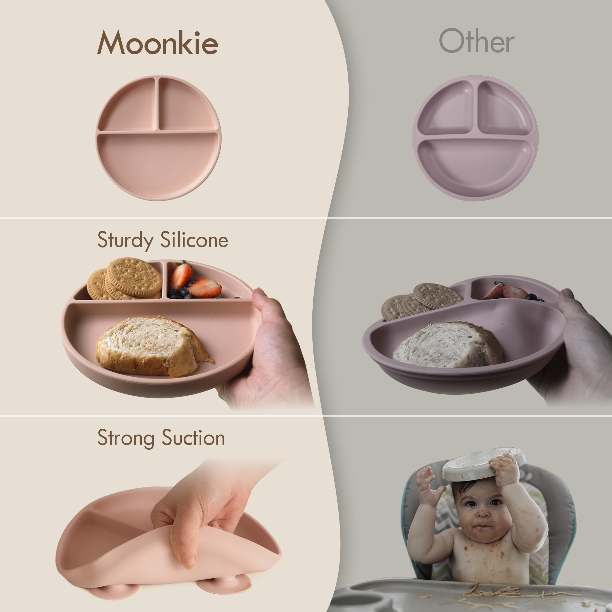 Moonkie 2pc Silikon Kinderteller mit Deckel, Baby teller mit Saugnapf, BPA-freie Rutschfest Geteilte Geschirr Set mit Gabeln und Löffel, Mikrowellen und Spülmaschinenfest(Blush/Pale Mauve) 6