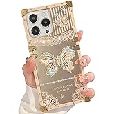 TETAW Cute Compatible with iPhone 16 Pro Max Case with Luxury Bling Glitter Butterfly Foldable Stand Kickstand,Girly Soft PC Mirror Bumper Protective Cover for Women & Girls(Light Gold)