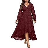 Plus Size Dresses Wedding Guest - Fall Semi Formal Floral Long Sleeve Wrap V Neck High Low Maxi Dress with Belt Women