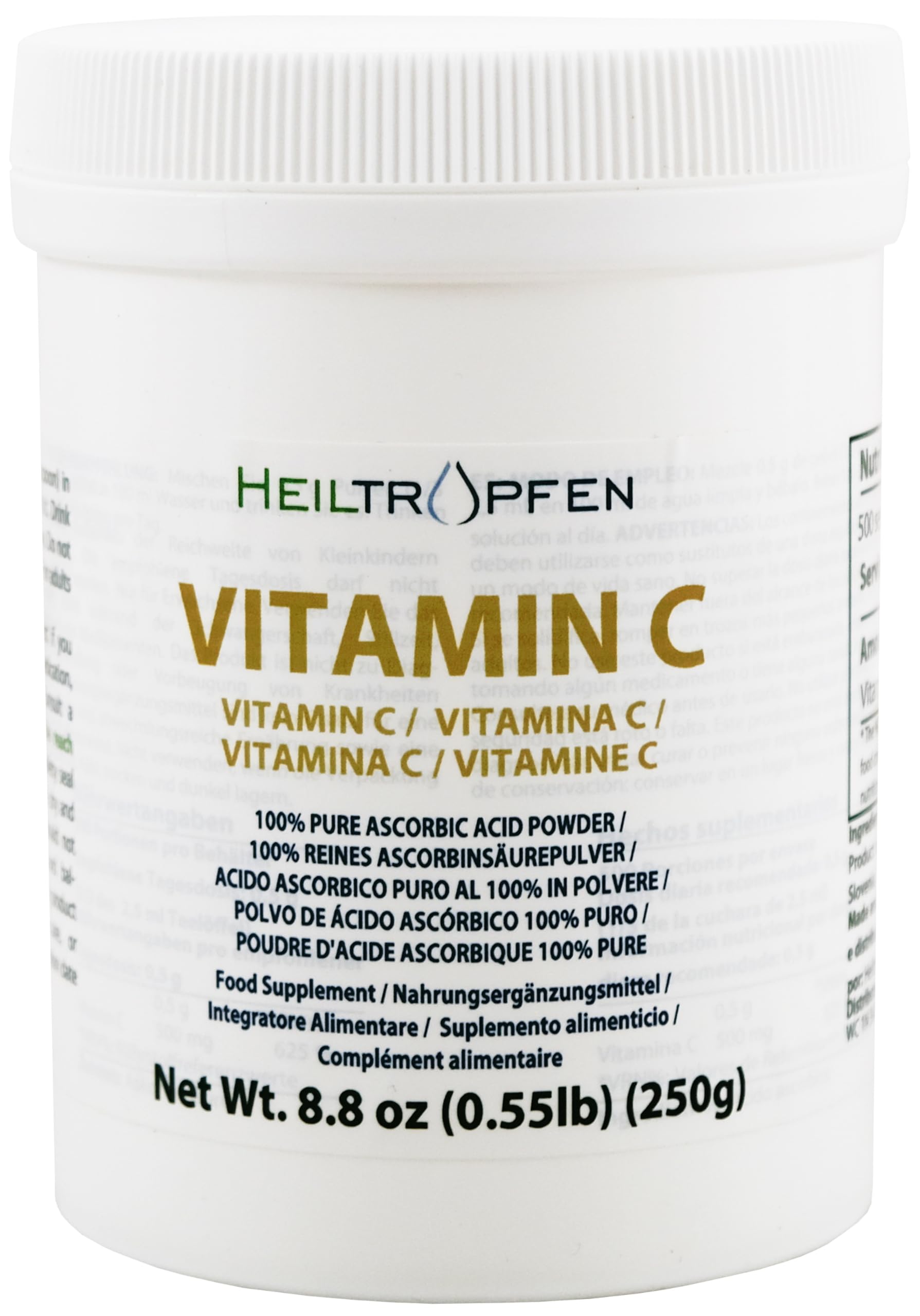 Pure Ascorbic Acid fine crystalline Powder | 0.55 lb - 250 g | Vitamin C | Pharma Ingredients (Ph. EUR, USP, BP) | Third-Party Tested | Heiltropfen®