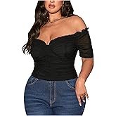 Floerns Women's Plus Size Off The Shoulder Top Mesh Sheer Short Sleeve Ruched Going Out Tops