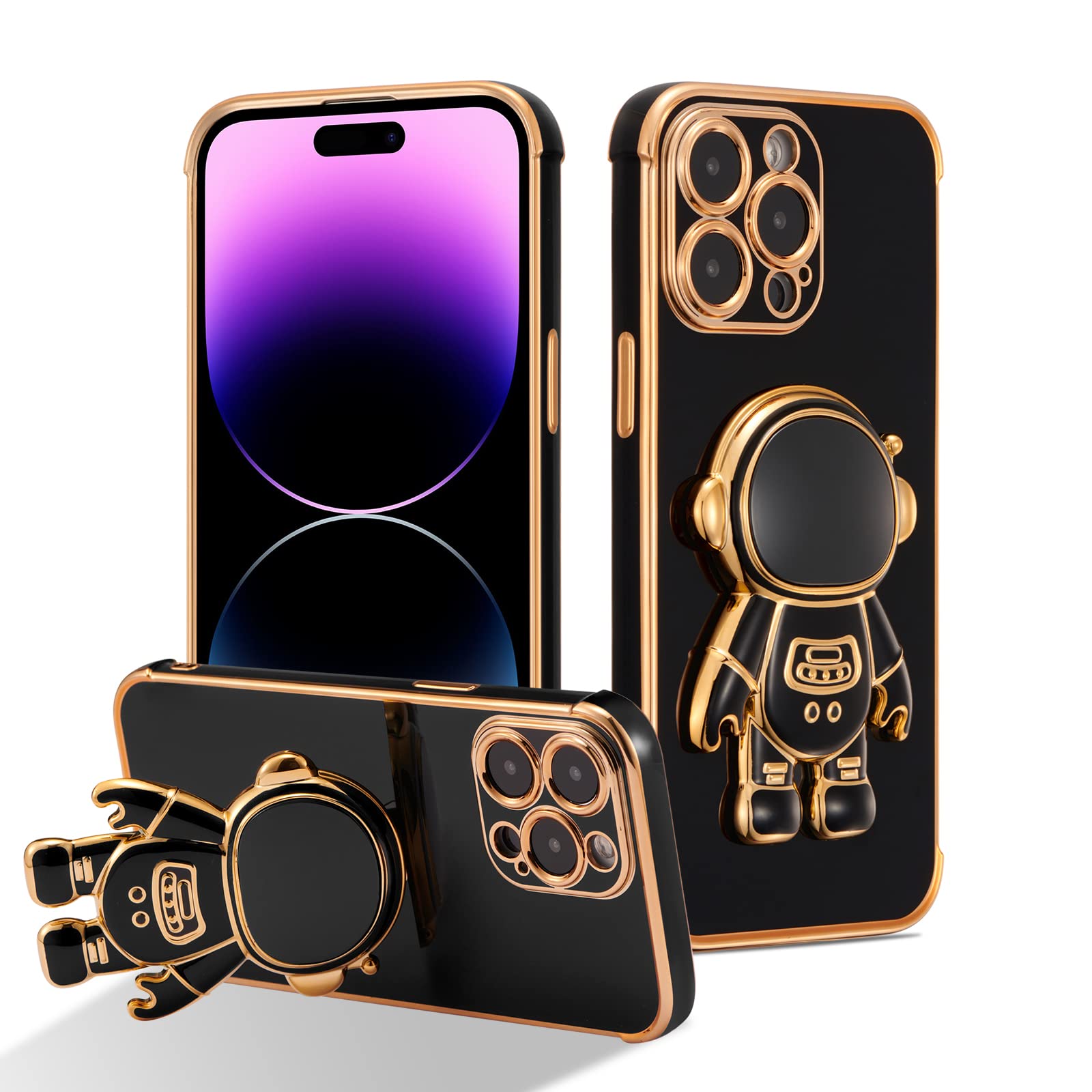 RALEAVO Compatible with iPhone 14 Pro (6.1") Case with Cute Astronaut Kickstand Design Shockproof Plating Phone Case for iPhone 14 Pro-Black — image 1