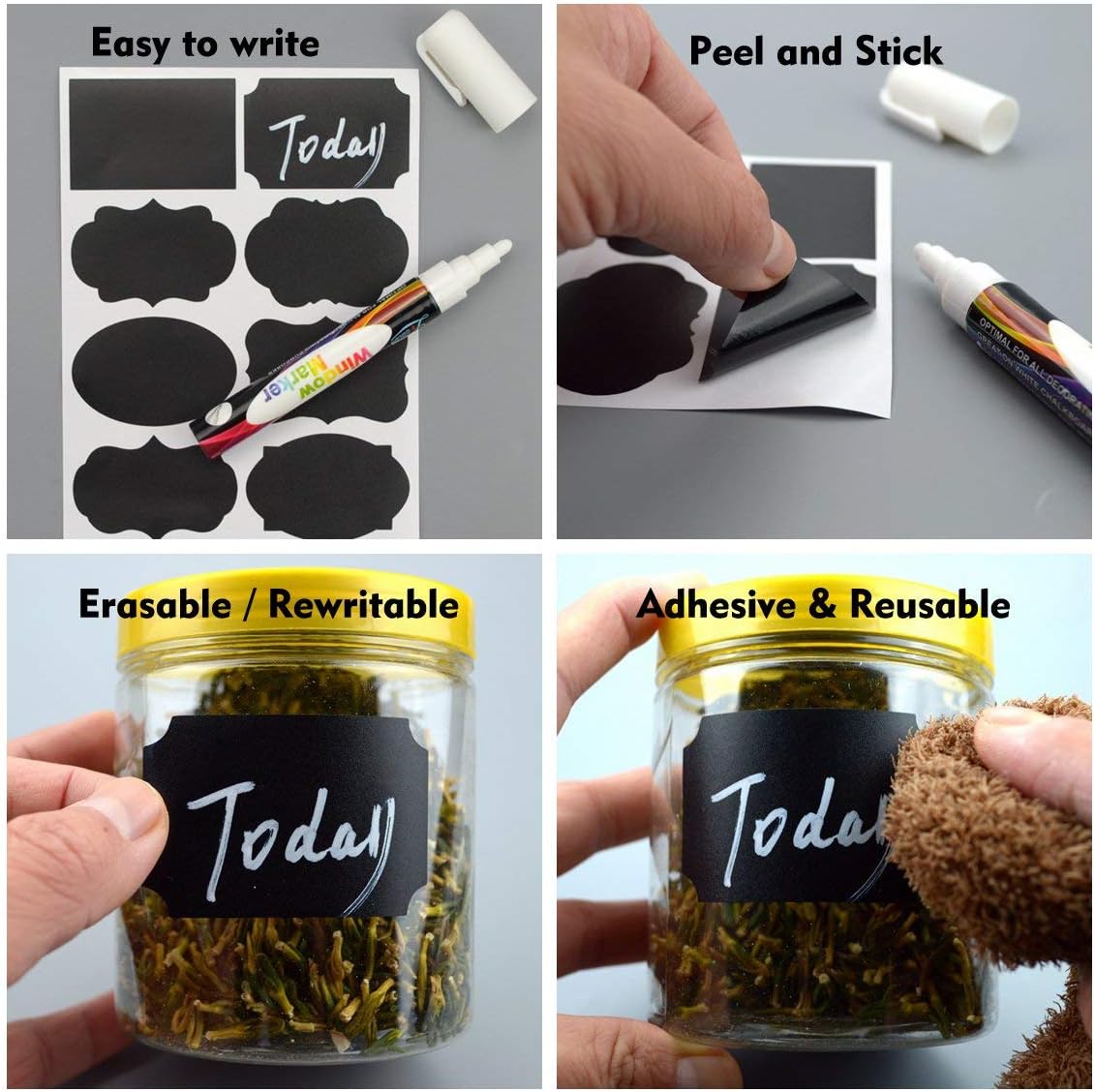 Chalkboard Labels | 96pcs Waterproof Reusable Blackboard Matte Black Sticker Kit For An Organised Kitchen | Includes 1 Erasable White Chalk Pen To Label Your Mason Jars and Bottles