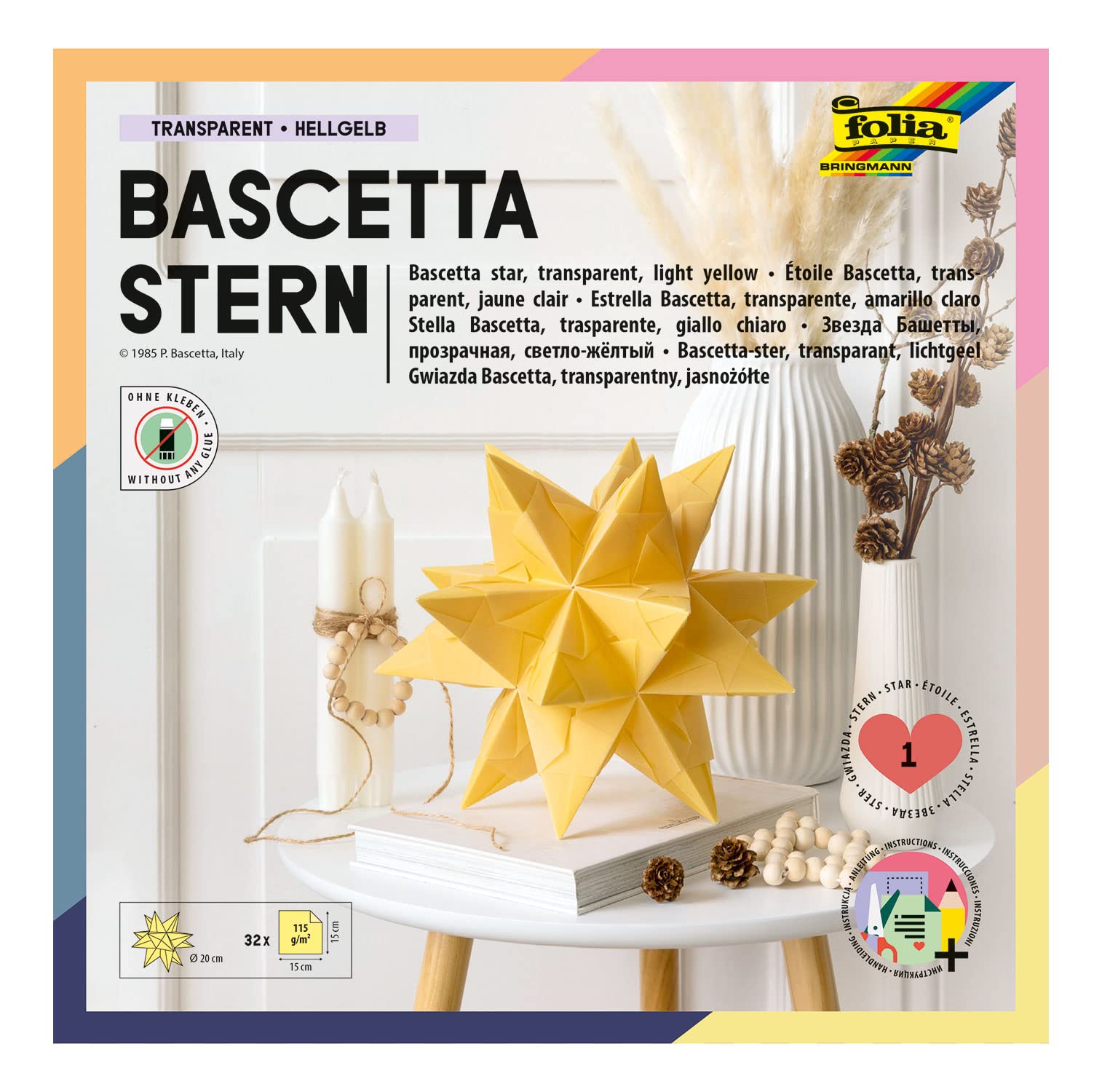 folia 800/0707 – Craft Set Bascetta Star, Transparent White, 7.5 x 7.5 cm, 32 Sheets, Finished Size of Paper Star Approx. 10 cm, with Detailed Instructions (English language not guaranteed) – Ideal for Timeless Decoration